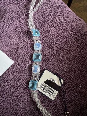 Swarovski Clear Crystal Necklace with Light Blue Square Gems